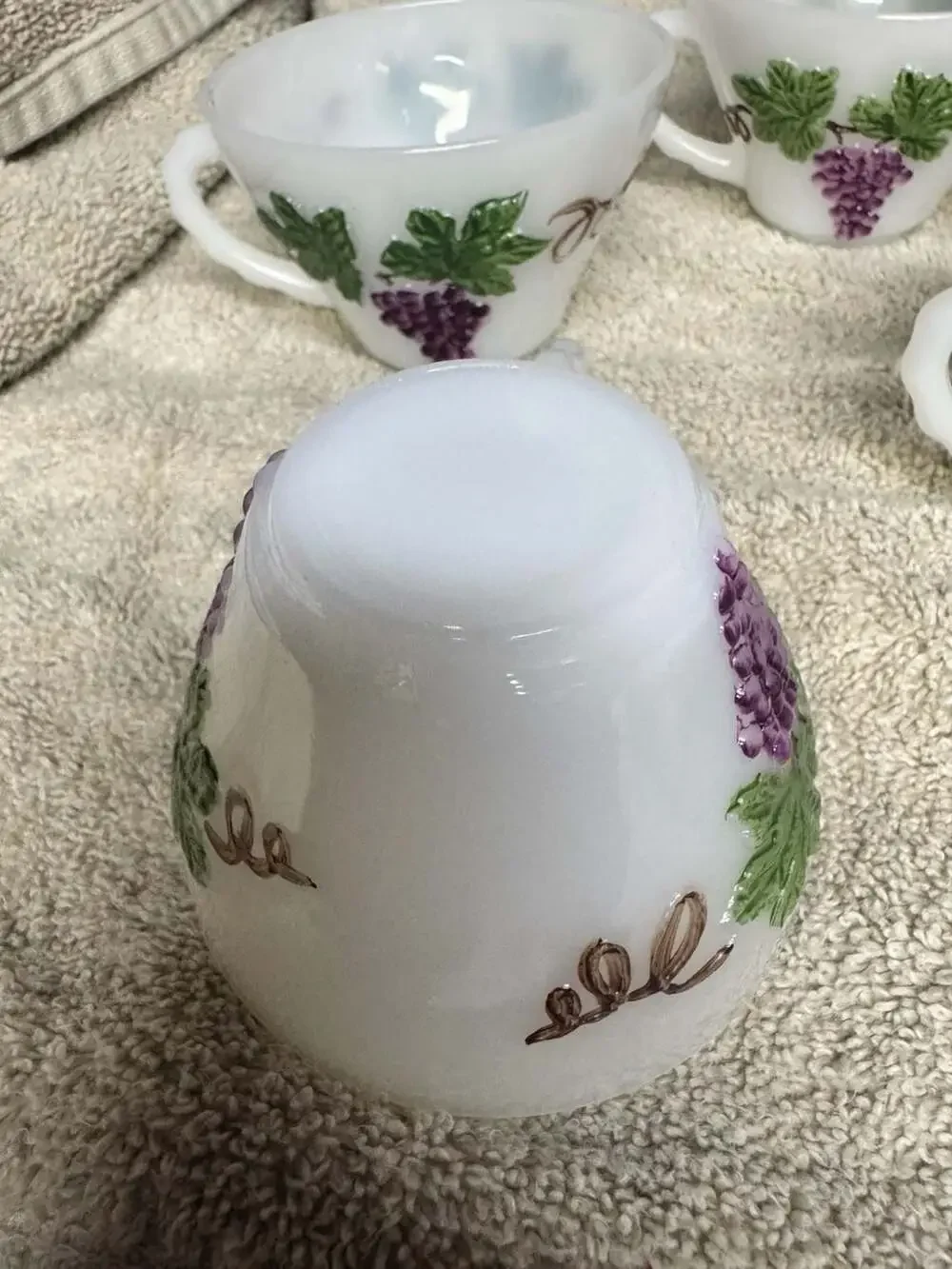 Vintage Anchor Hocking Milk Glass Grapevine Pattern Punch Bowl Set